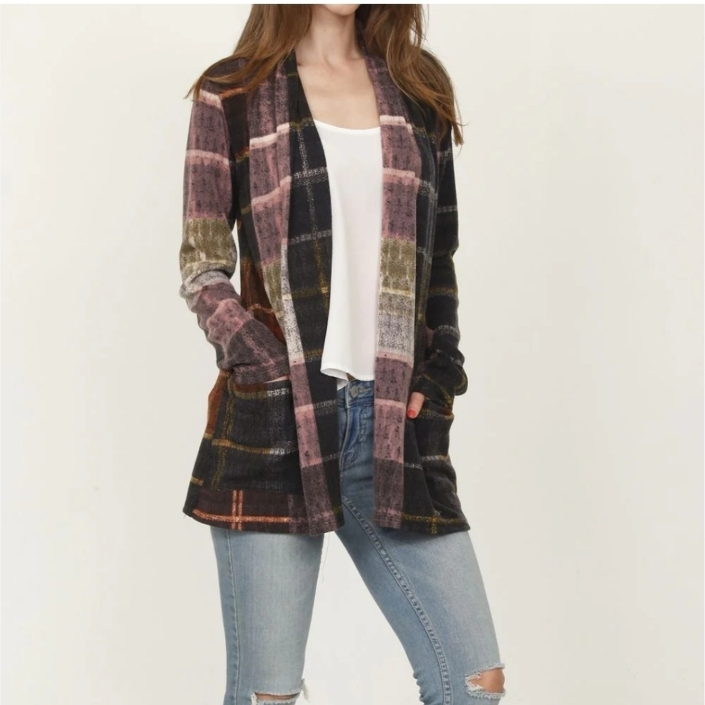 Oliver Plaid Cardigan - Black, Gray, Burgundy